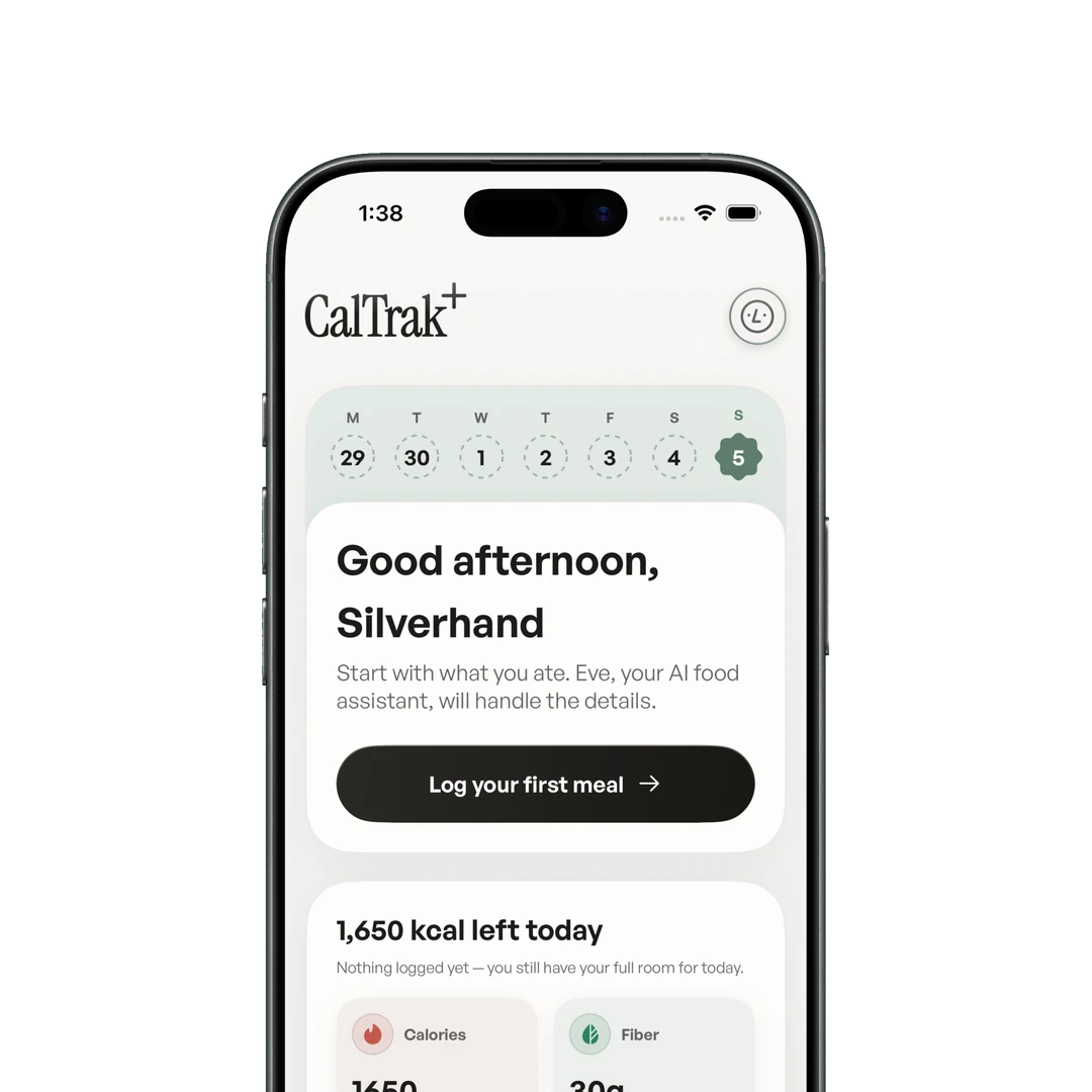 CalTrak+ Home dashboard showing the day's calorie, protein, fiber, and hydration targets.