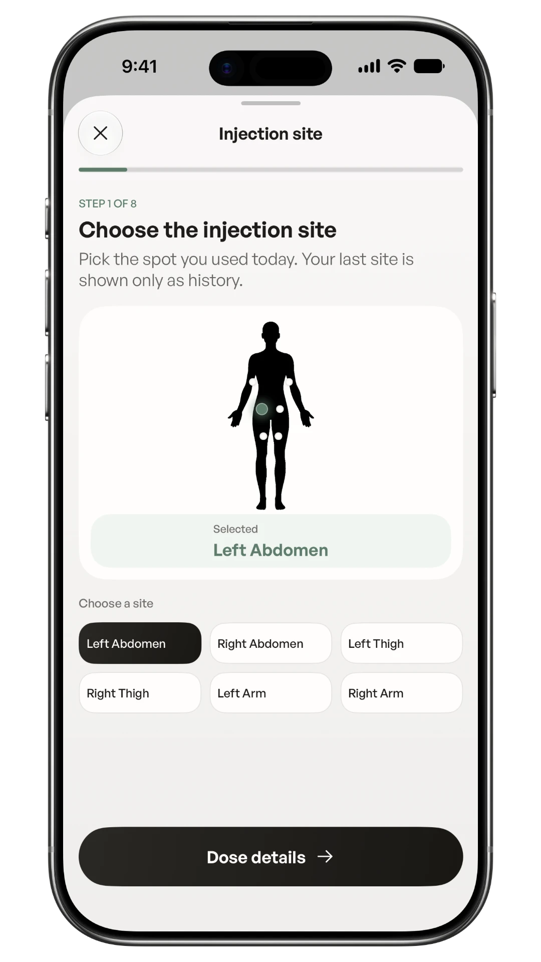 CalTrak+ Log dose flow showing the injection-site body map with site rotation.