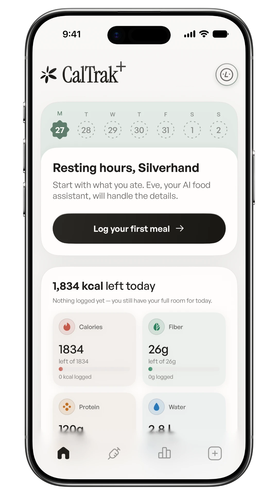 CalTrak+ Home dashboard showing the day's calorie, protein, fiber, and hydration targets.